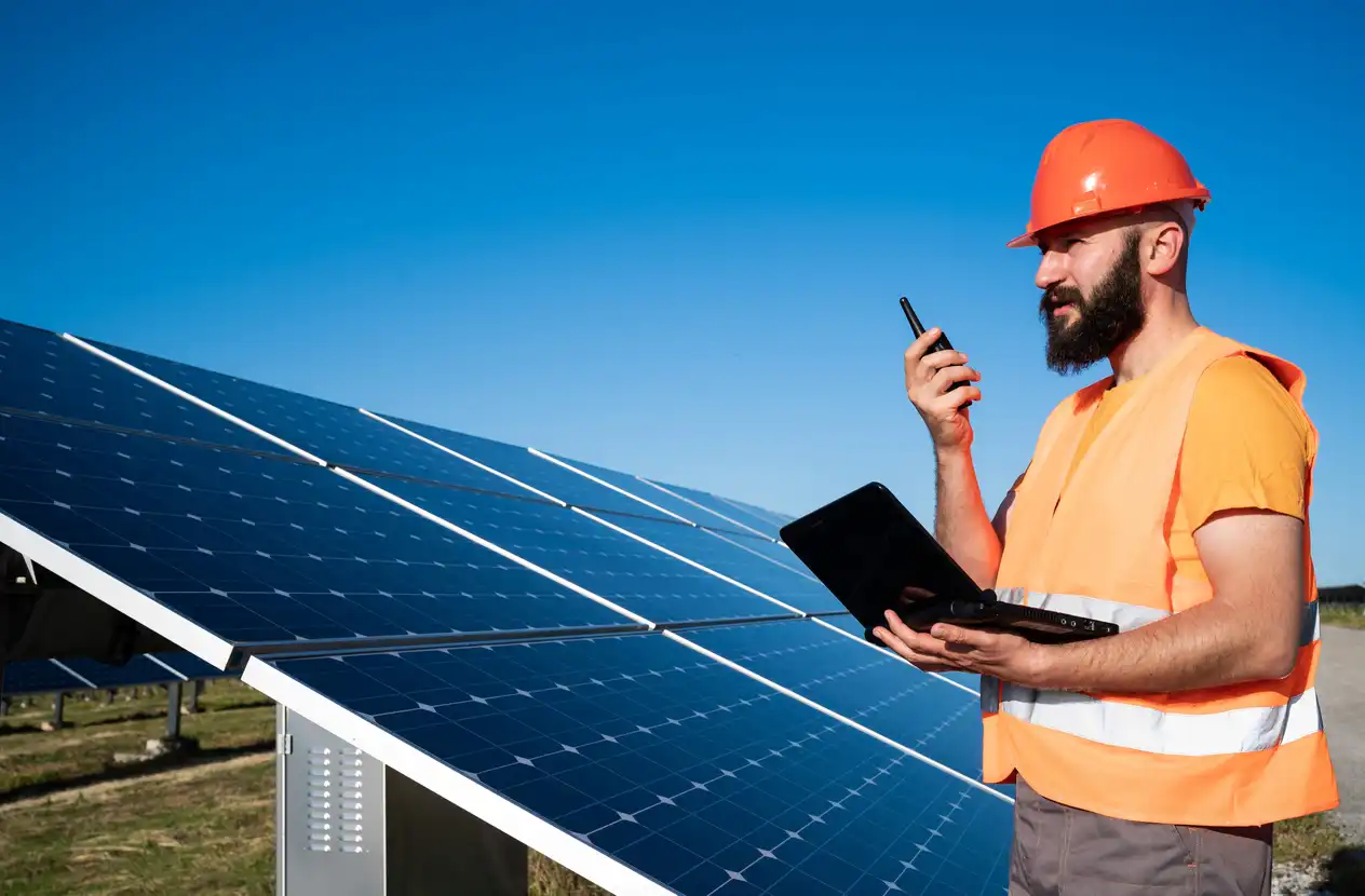Engenheiro de energia renovável inspecionando painéis solares com laptop e celular em parque solar, energia limpa e sustentável, tecnologia solar.